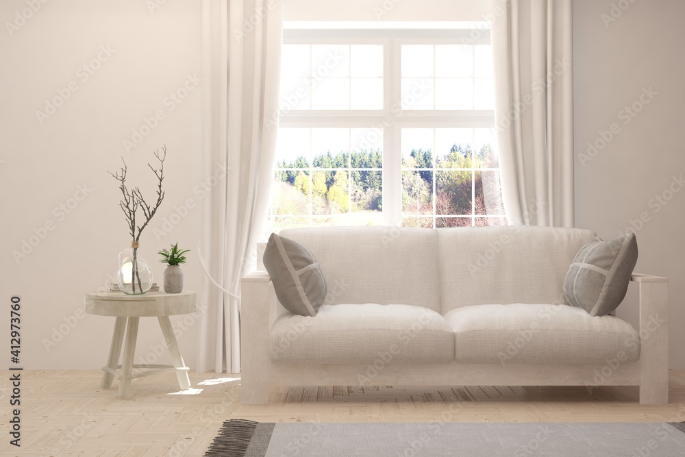 Fototapeta premium White living room with sofa. Scandinavian interior design. 3D illustration