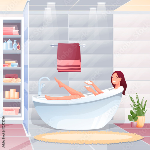 Young woman taking bath in bathroom at home. Happy girl washing with soap and foam in bathtub indoor vector illustration. Room interior design with closet with shelves, towel, carpet