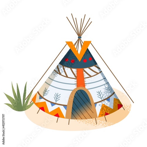 Wild west indian american wigwam with traditional elements. Western native tepee with colorful pattern vector illustration. House for people in nature isolated on white background