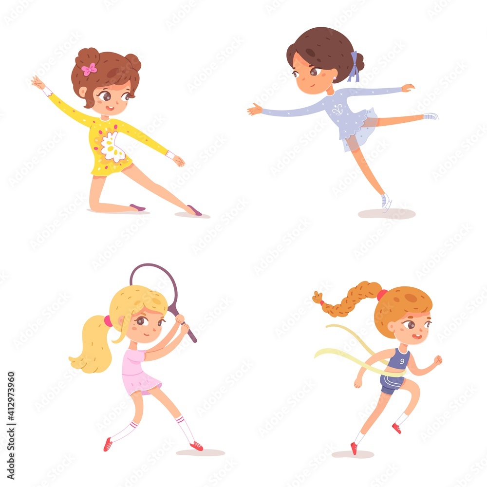 Girls playing sports set. Happy kids doing healthy exercise vector illustration. Children play tennis, doing gymnastics, figure skating, athletics isolated on white background Girls playing sports set. Happy kids doing healthy exercise vector illustration. Children play tennis, doing gymnastics, figure skating, athletics isolated on white background