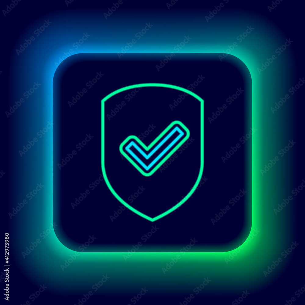 Glowing neon line Shield with check mark icon isolated on black background. Protection symbol. Security check Icon. Tick mark approved icon. Colorful outline concept. Vector.