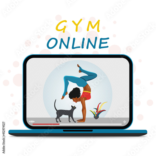 Laptop and video of  girl exercising at home. Online videos of sports and fitness workouts. Workouts at home. Online education vector flat illustration.