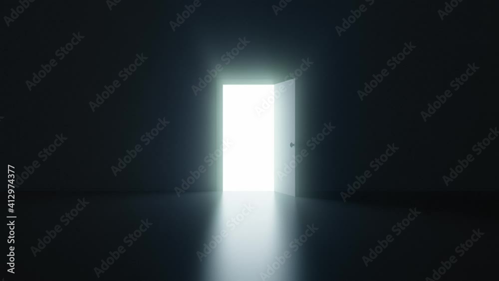 3D animation - Leaving the darkness through a door that opens into the light