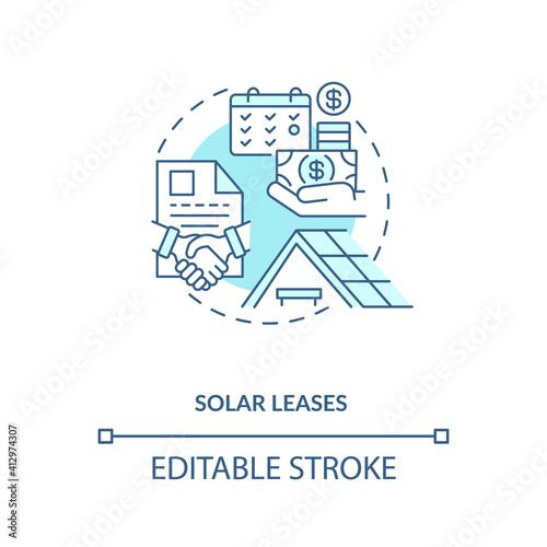 Using produced power of battery concept icon. Solar leases idea thin line illustration. Generate clean electricity. Nature and environment. Vector isolated outline RGB color drawing. Editable stroke