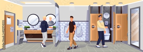 People in public toilet. Restroom for men vector illustration. WC room with sinks, mirrors, urinals, toilets with doors, hand dryer, paper towels. Modern indoor interior background