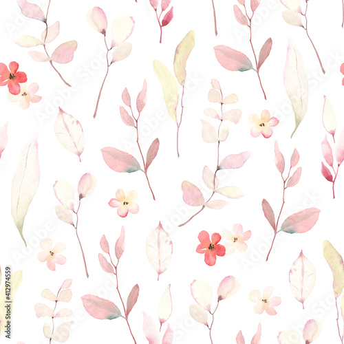 Floral seamless pattern with tender pink branches and flowers, watercolor illustration on white background.