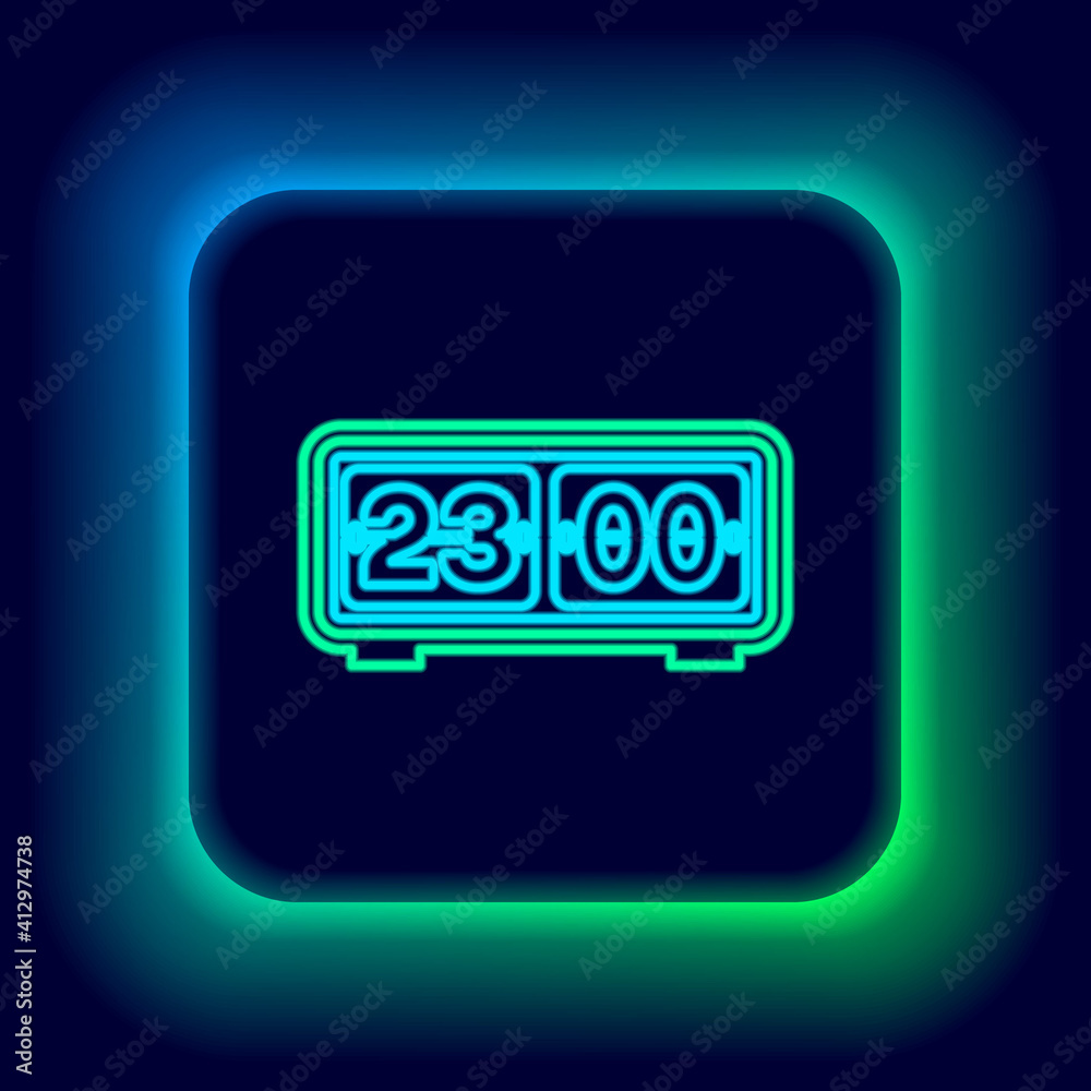 Glowing neon line Retro flip clock icon isolated on black background. Wall flap clock, number counter template, all digits with flips. Colorful outline concept. Vector. Glowing neon line Retro flip clock icon isolated on black background. Wall flap clock, number counter template, all digits with flips. Colorful outline concept. Vector.