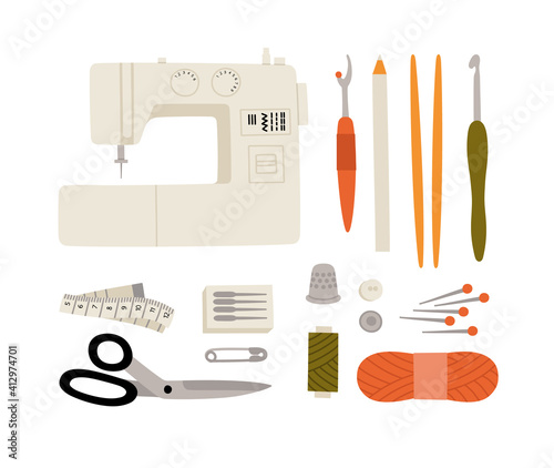 Vector illustration of supplies and tools for sewing. Sewing machine, scissors, pins, threads, needles, knitting threads, knitting needles, hook, measuring meter. Sewing hobby concept.