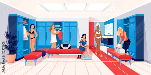 Women changing clothes in locker room scene. Dressing for fitness and sport exercise in gym vector illustration. Young girls with bags in private room with lockers, benches