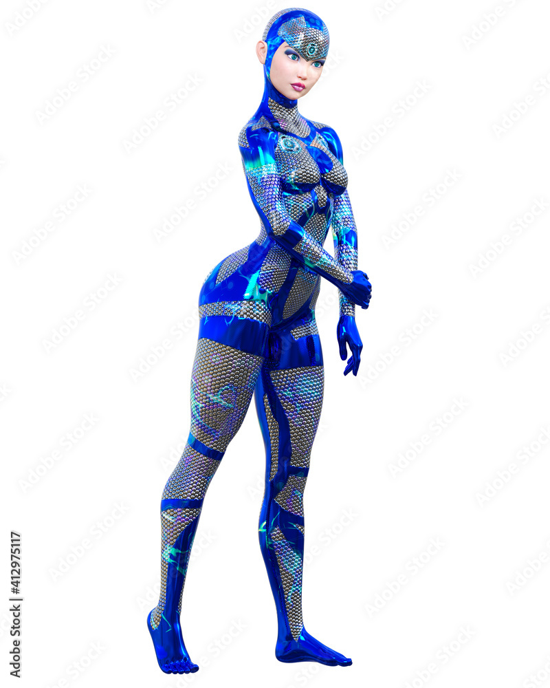 Cyborg Woman futuristic metallic neon suit. Cyborg Woman futuristic metallic neon suit.