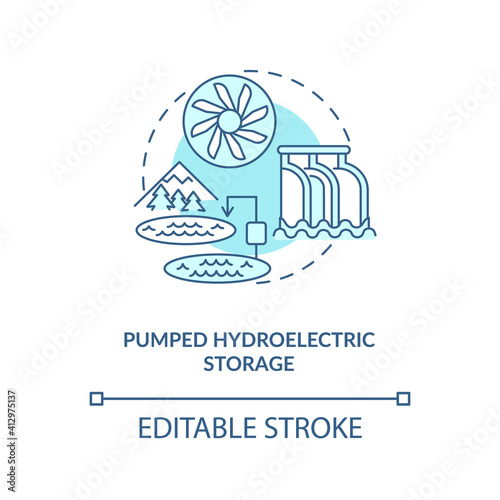 Pumped hydroelectric storage concept icon. Generation potential of renewable sources idea thin line illustration. Energy storage technology. Vector isolated outline RGB color drawing. Editable stroke