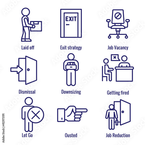Job Loss, Downsizing, Getting Fired, and Unemployment due to Covid 19 or Coronavirus Icon Set