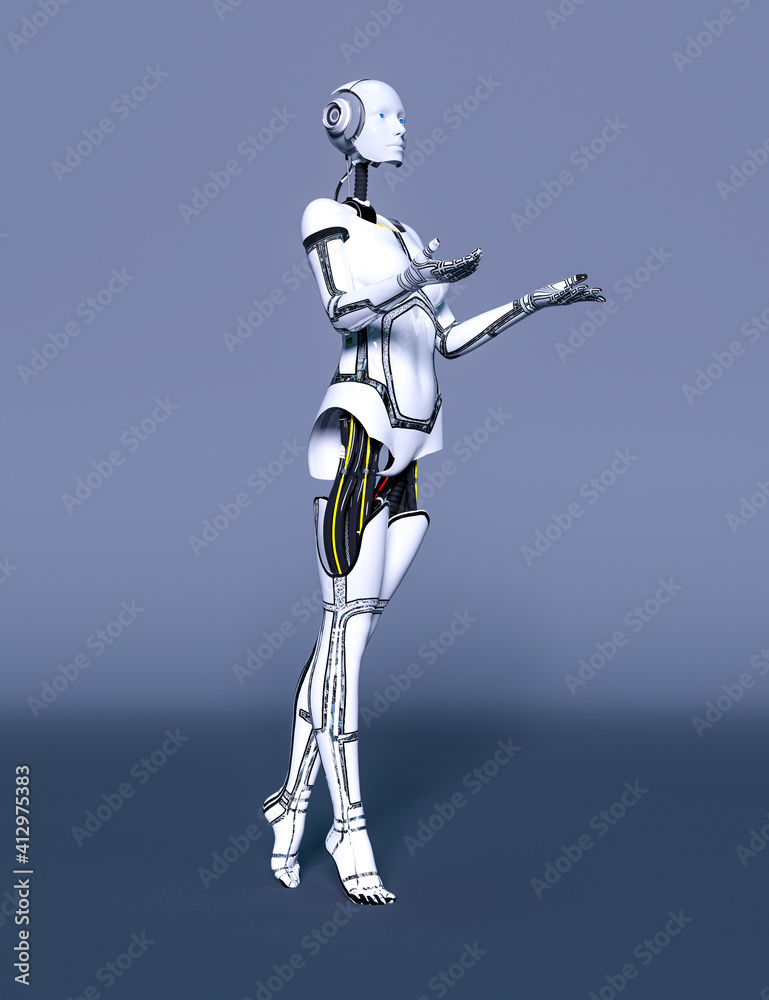 Robot woman. White metal droid. Artificial Intelligence. Robot woman. White metal droid. Artificial Intelligence.