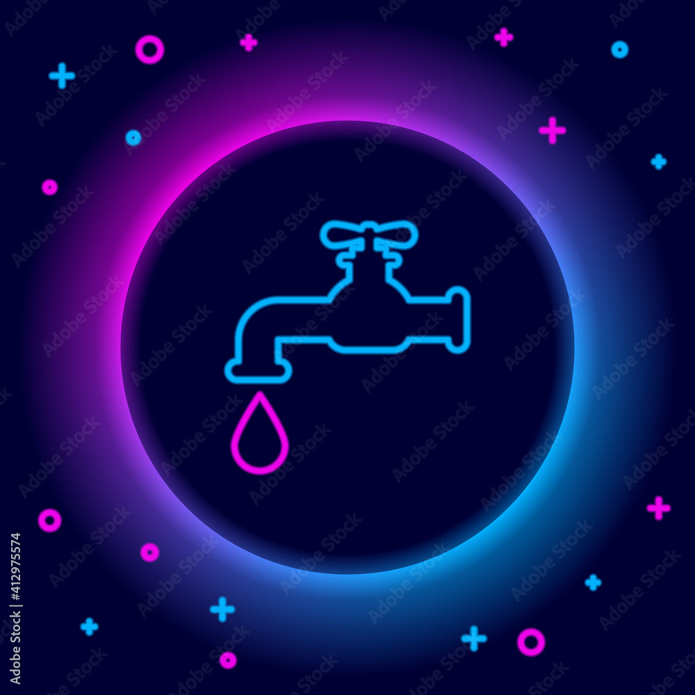 Glowing neon line Water tap with a falling water drop icon isolated on black background. Colorful outline concept. Vector. Glowing neon line Water tap with a falling water drop icon isolated on black background. Colorful outline concept. Vector.