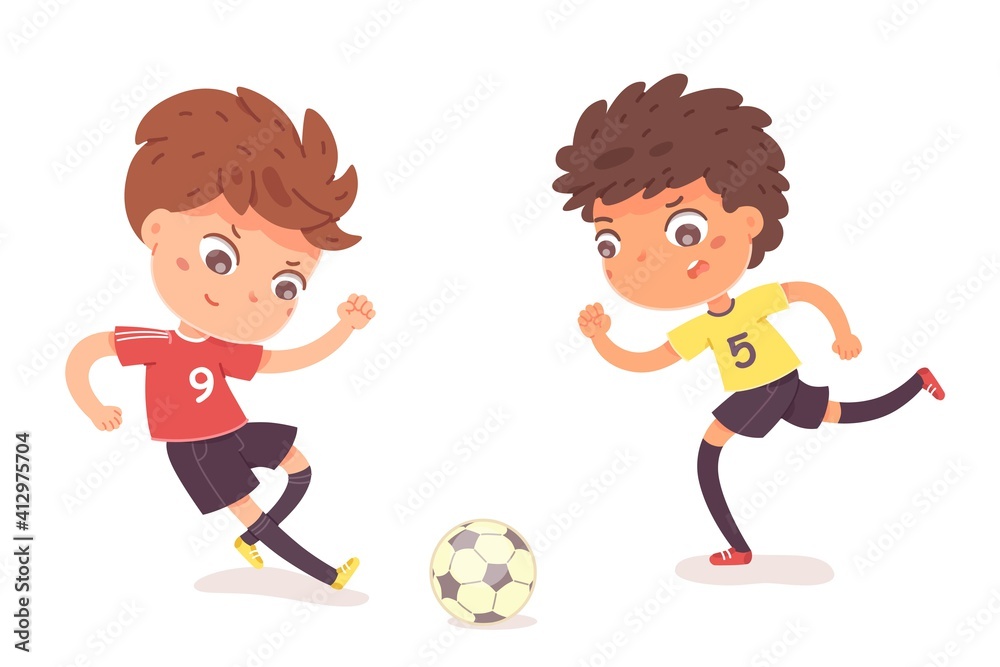 Boys playing football together. Two happy little kids playing sport in uniforms vector illustration. Smiling children kicking ball by foot between them on white background Boys playing football together. Two happy little kids playing sport in uniforms vector illustration. Smiling children kicking ball by foot between them on white background