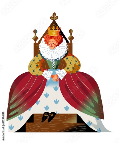 Medieval queen in dress and crown sitting on throne. Royal woman in Middle Ages vector illustration. Historical person in costume with hands together isolated on white background