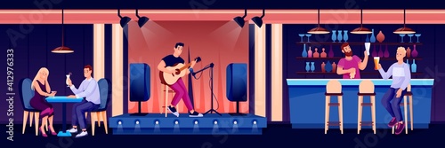 People in night bar or pub. Bartender at counter, young man playing guitar in spotlight, romantic date at table. Evening recreation activities vector illustration. Horizontal panorama
