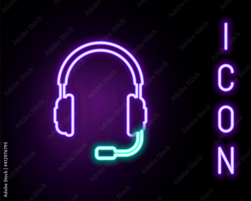 Glowing neon line Headphones with microphone icon isolated on black background. Concept object for listening to music, service, communication and operator. Colorful outline concept. Vector. Glowing neon line Headphones with microphone icon isolated on black background. Concept object for listening to music, service, communication and operator. Colorful outline concept. Vector.