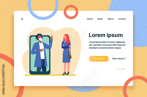 Man in mask on phone screen explaining something to woman. Smartphone, quarantine, virus flat vector illustration. Pandemic and protection concept for banner, website design or landing web page