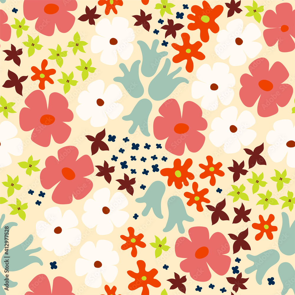 Floral abstract vector seamless pattern flowers in minimalistic style. Hand-drawn botanical repeated background for fabric design. Stylish bright print with flowers on  pink background.