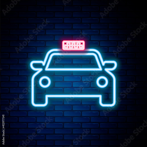 Glowing neon line Taxi car icon isolated on brick wall background. Colorful outline concept. Vector.