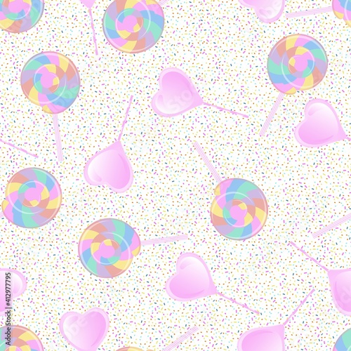 Bright colored lollipop. Sweet dessert for kids. Rainbow spiral ball and heart lolipop. Seamless background with pattern.
