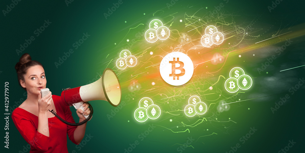 Young person yelling in megaphone and bitcoin icon, currency exchange concept Young person yelling in megaphone and bitcoin icon, currency exchange concept