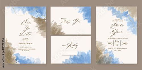 Modern wedding invitation template, with watercolor stains and handmade calligraphy.