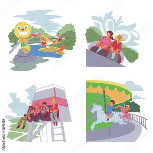 Fun rides at attraction park set. Carnival fairground or funfair vector illustration. Children on carousel, women on rollercoaster. Happy people at amusement park on holiday or weekend