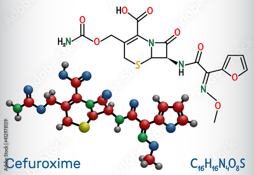 Cefuroxime molecule. It is second-generation cephalosporin antibiotic for the treatment of pneumonia  meningitis  otitis media  sepsis. Structural chemical formula  molecule model