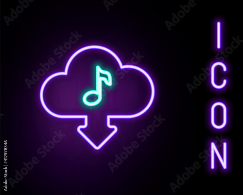 Glowing neon line Cloud download music icon isolated on black background. Music streaming service, sound cloud computing, online media streaming, audio wave. Colorful outline concept. Vector.