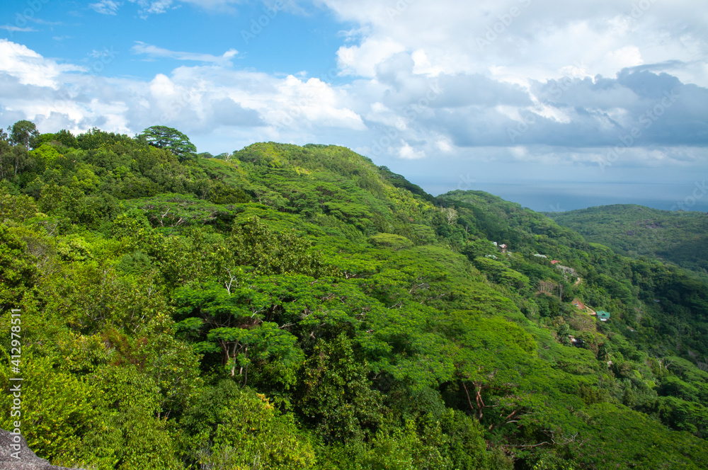 Panoramic view over the forest from the Nid Dâ€™Aigles top hill point, with blue sky. La Digue Island, Seychelles