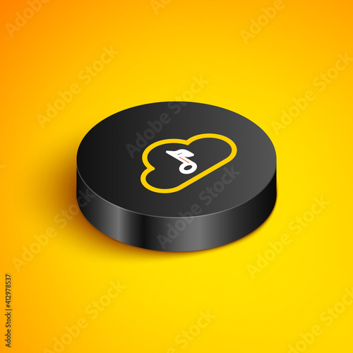 Isometric line Music streaming service icon isolated on yellow background. Sound cloud computing, online media streaming, online song, audio wave. Black circle button. Vector.