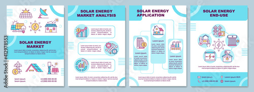 Solar market energy brochure template. Clean energy producing. Flyer, booklet, leaflet print, cover design with linear icons. Vector layouts for magazines, annual reports, advertising posters