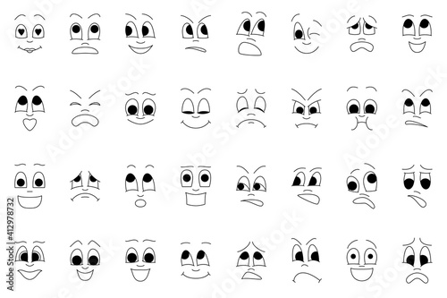 A set of faces with different emotions. Vector icons in cartoon style isolated on white.