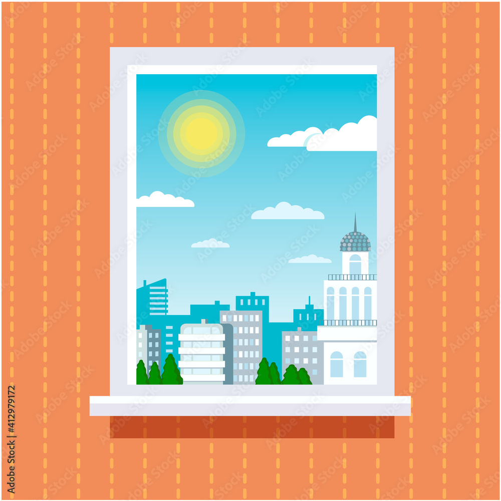 

A window from the room, from which you can see a sunny day with a cityscape with houses.
