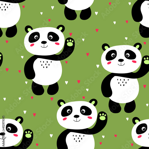 Fototapeta Naklejka Na Ścianę i Meble -  Seamless pattern with cute panda baby on color background. Funny asian animals. Card, postcards for kids. Flat vector illustration for fabric, textile, wallpaper, poster, gift wrapping paper.
