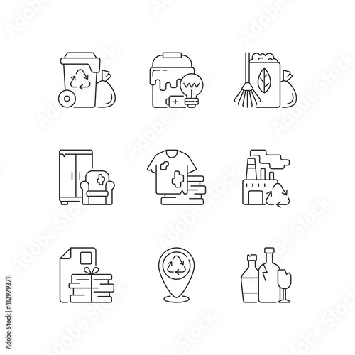 Waste disposal linear icons set. Garbage pickup from home. Waste with hazardous properties. Customizable thin line contour symbols. Isolated vector outline illustrations. Editable stroke
