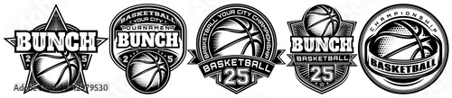 Set of monochrome templates on the theme of basketball. Vector editable illustration. Elements for business card design, style, website, print on a t-shirt