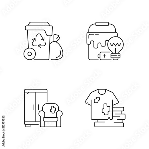 Garbage disposal linear icons set. Residential waste collection. Solid materials. Bulky refuse. Fashion. Customizable thin line contour symbols. Isolated vector outline illustrations. Editable stroke