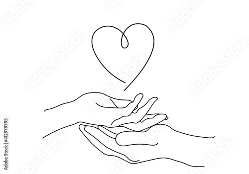 Outline drawn, hand in hand and heart. The concept of love, unity. Modern vector illustration isolated on white. For Gift Card, stickers, postcard, fabric, t-shirt, posters, gifts, textiles