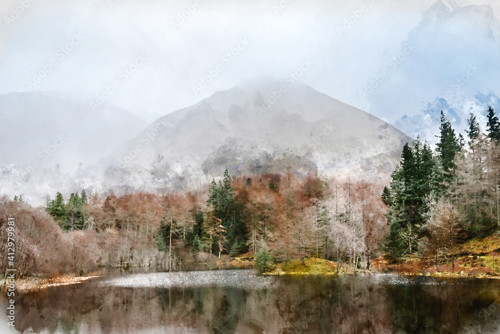 Digital watercolor painting of Stunning landscape image of Torren Lochan in Glencoe in Scottish Highlands on a Winter day