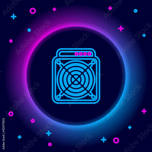 Glowing neon line ASIC Miner icon isolated on black background. Cryptocurrency mining equipment and hardware. Application specific integrated circuit. Colorful outline concept. Vector.