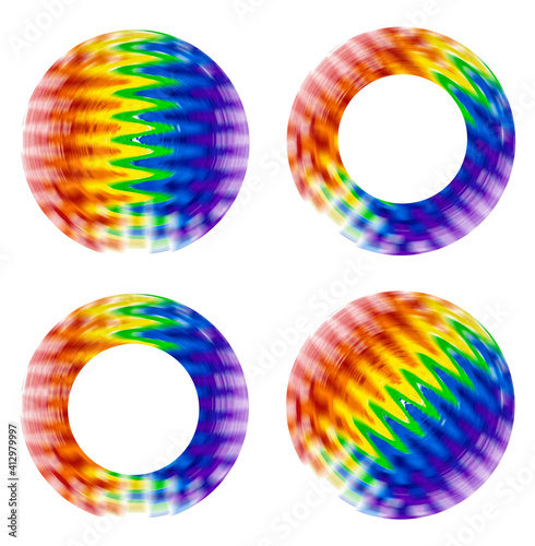 Four round elements to insert into the design in rainbow colors isolated on a white background. Colorful round frames and shapes.