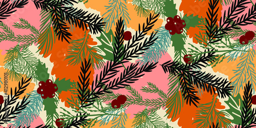 Vector colored seamless pattern with doodle thorny spruce and pine branches. Stickers for decorating New Year and Christmas holiday cards  booklets  leaflets  stories.