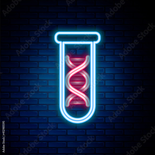 Glowing neon line DNA research, search icon isolated on brick wall background. Genetic engineering, genetics testing, cloning, paternity testing. Colorful outline concept. Vector.