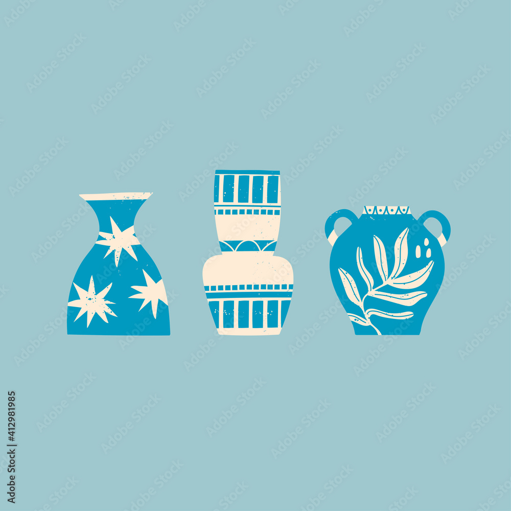 Set of three blue ceramic Vases. Different shapes. Antique, ancient ceramics. Pottery concept. Various textures. Hand drawn Vector Trendy illustration. All elements are isolated. Blue background Set of three blue ceramic Vases. Different shapes. Antique, ancient ceramics. Pottery concept. Various textures. Hand drawn Vector Trendy illustration. All elements are isolated. Blue background