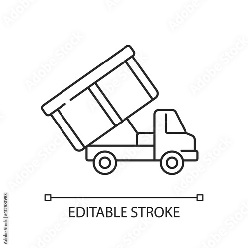 Roll-off truck linear icon. Open top dumpster. Organizational clear outs. Disposal option. Thin line customizable illustration. Contour symbol. Vector isolated outline drawing. Editable stroke
