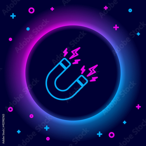 Glowing neon line Magnet with lightning icon isolated on black background. Horseshoe magnet, magnetism, magnetize, attraction sign. Colorful outline concept. Vector.