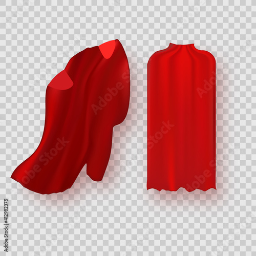 Cape isolated on white background. Red superhero cloak. Vector super hero cloth or silk flying cape template.